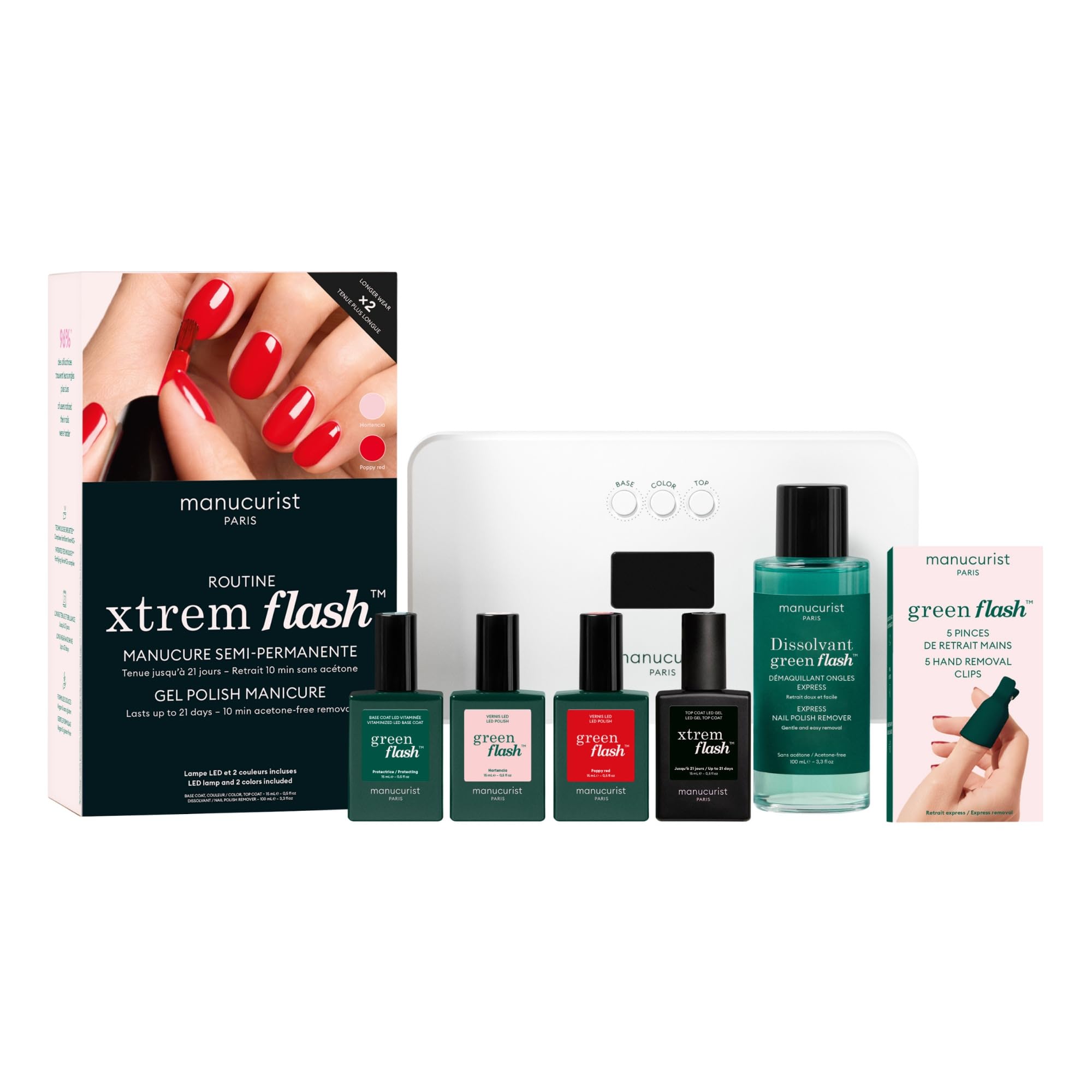 Manucurist front packaging showing full Green Flash kit and benefits