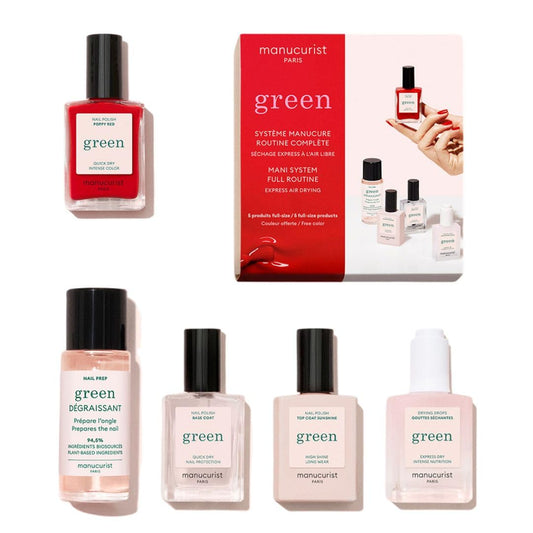 Manucurist front packaging showing complete Poppy Red kit and quick routine benefit