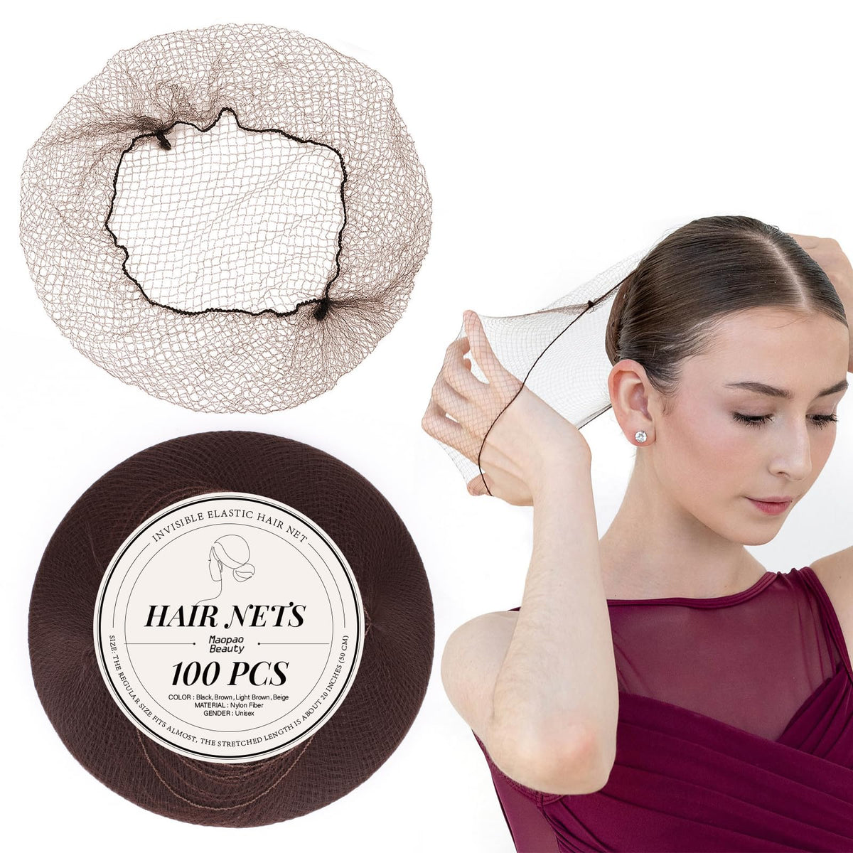 MaopaoBeauty front packaging showing 100 brown hair nets and tidy stack
