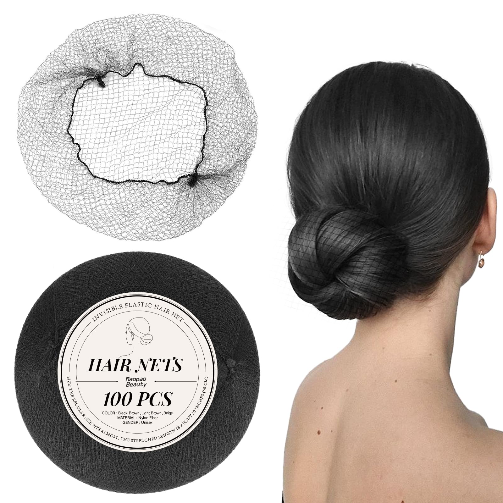 MaopaoBeauty front packaging showing 100 black hair nets and benefits