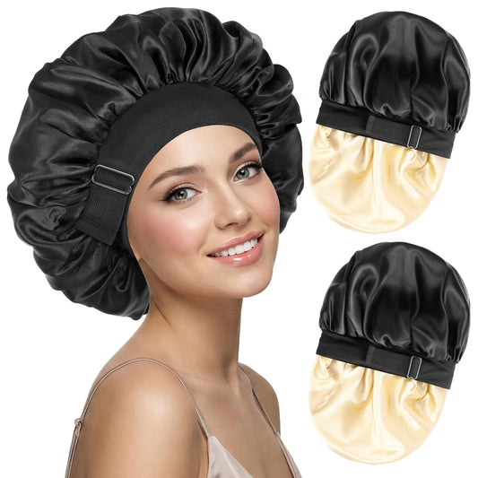 MaopaoBeauty front view of two bonnets showing color options and secure fit benefit