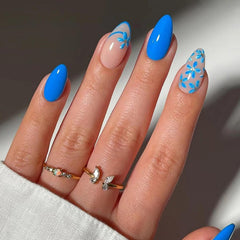 MAOTTIE front packaging of blue almond floral nails showing kit benefits