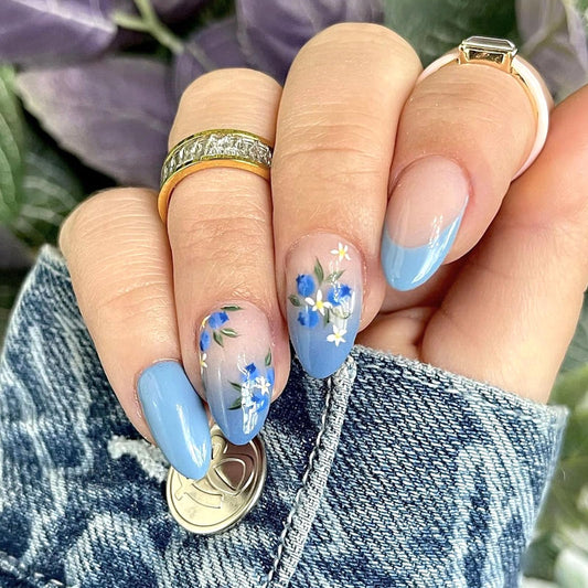 MAOTTIE front view of blue floral full-cover press-on nails showing glossy finish and design