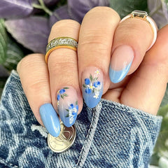 MAOTTIE front view of blue floral full-cover press-on nails showing glossy finish and design
