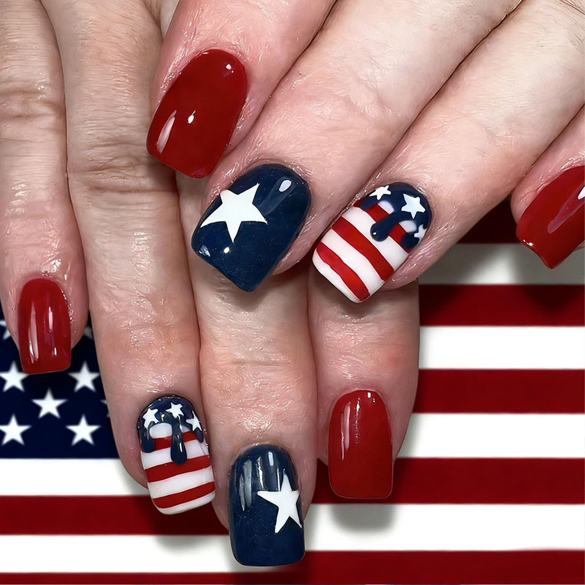 MAOTTIE front packaging showing 24 patriotic press-on nails for quick styling