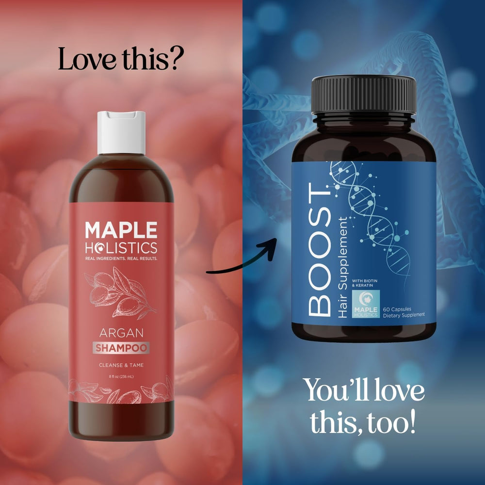 Maple Holistics shampoo bottle on bathroom shelf suggesting everyday routine