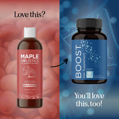 Maple Holistics shampoo bottle on bathroom shelf suggesting everyday routine