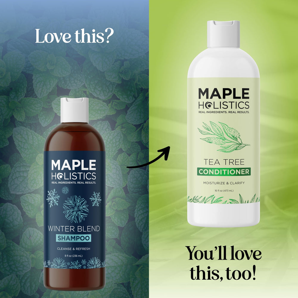 Maple Holistics shampoo on bathroom shelf showing lifestyle refresh benefit