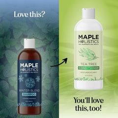 Maple Holistics shampoo on bathroom shelf showing lifestyle refresh benefit