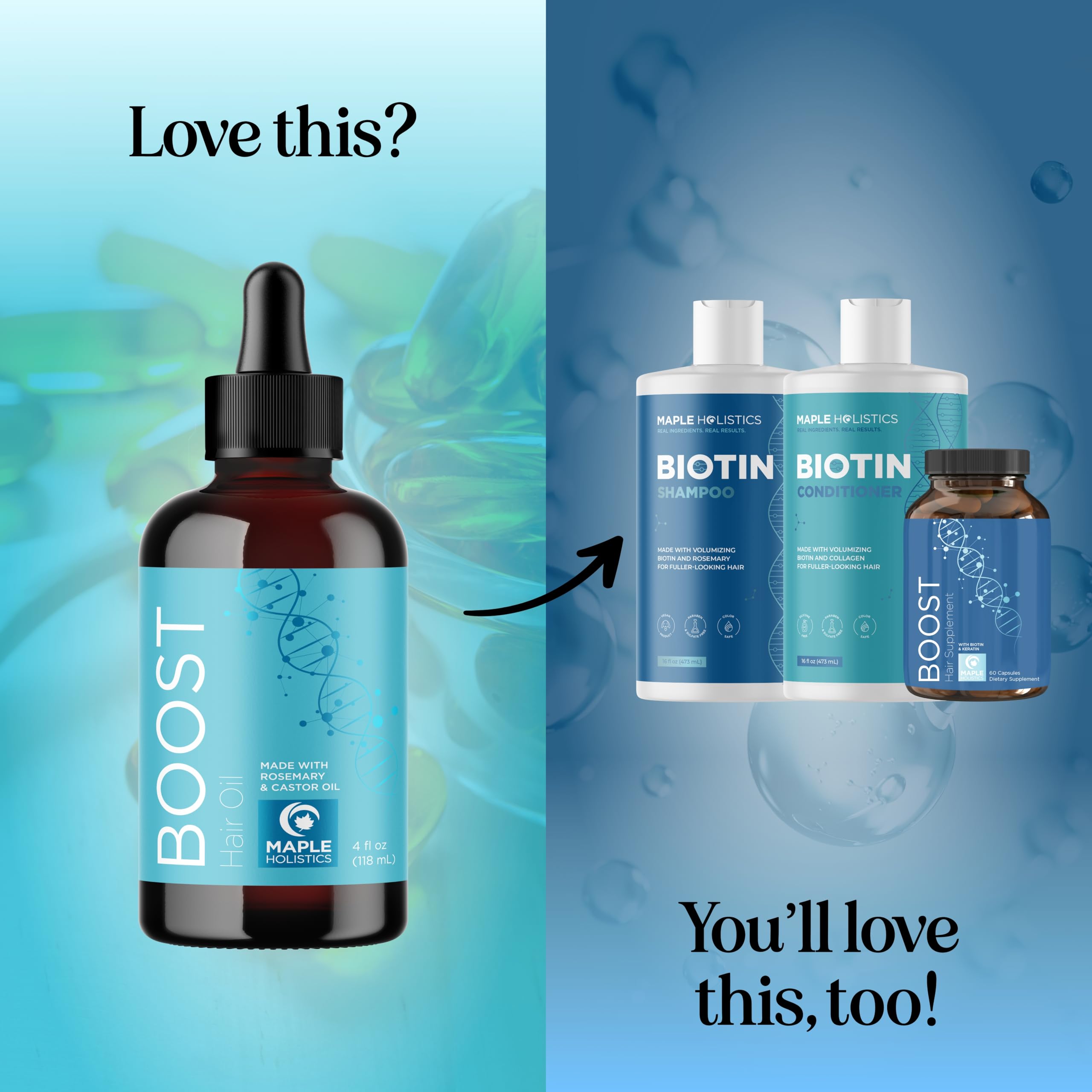 Maple Holistics bottle next to natural ingredients highlighting pure botanicals benefit