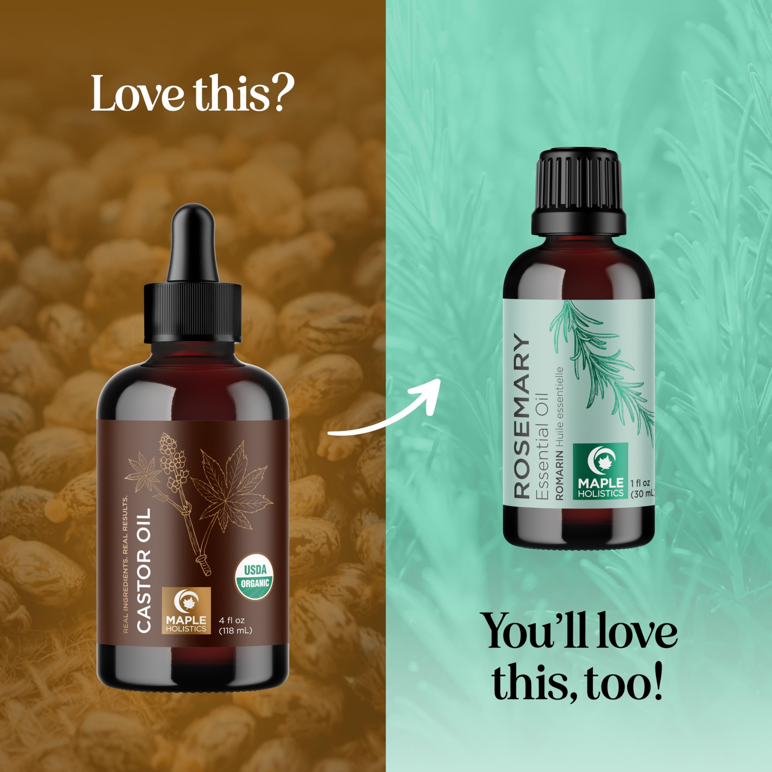 Maple Holistics oil applied to hair strands demonstrating smoother, fuller benefit