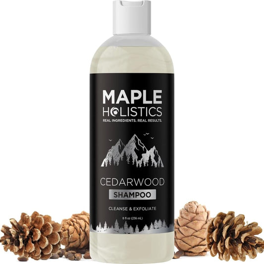 Maple Holistics bottle front packaging showing cedarwood rosemary formula benefit