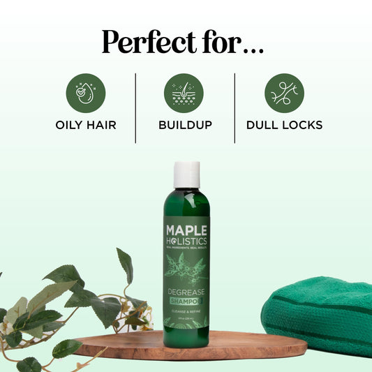 Maple Holistics shampoo pouring showing lightweight texture and easy rinse benefit