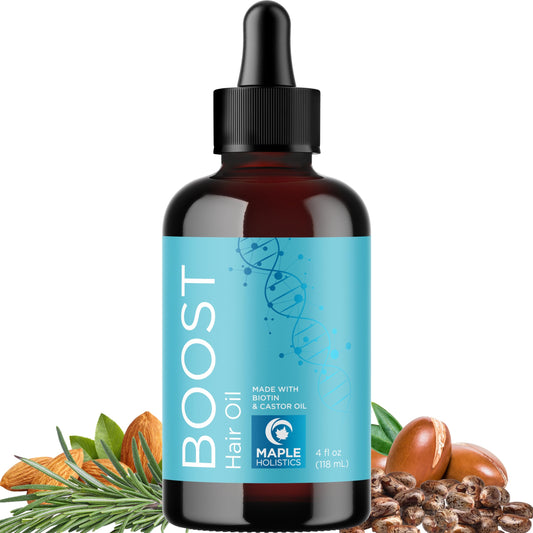 Maple Holistics front bottle showing volumizing rosemary serum and benefits