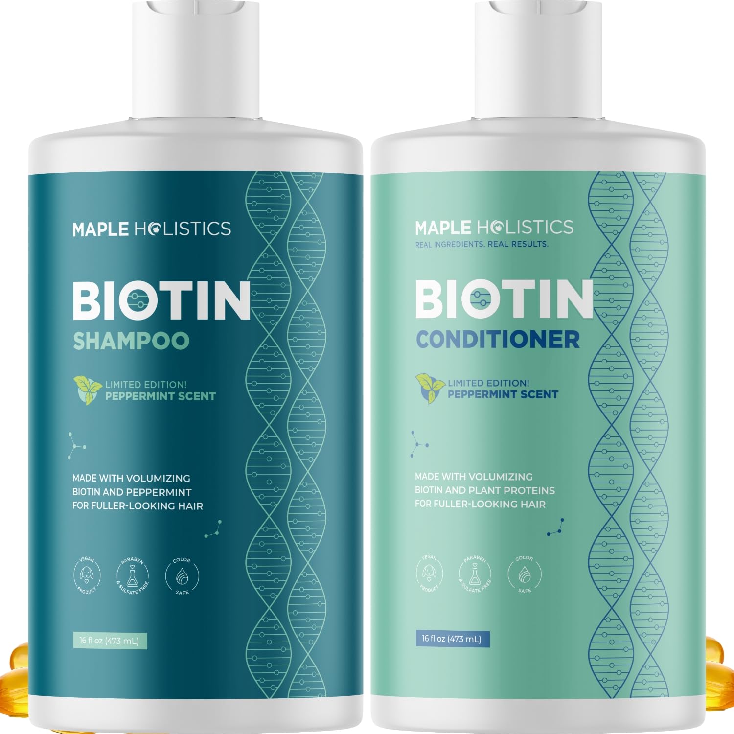 Maple Holistics front packaging showing volumizing shampoo and conditioner benefits