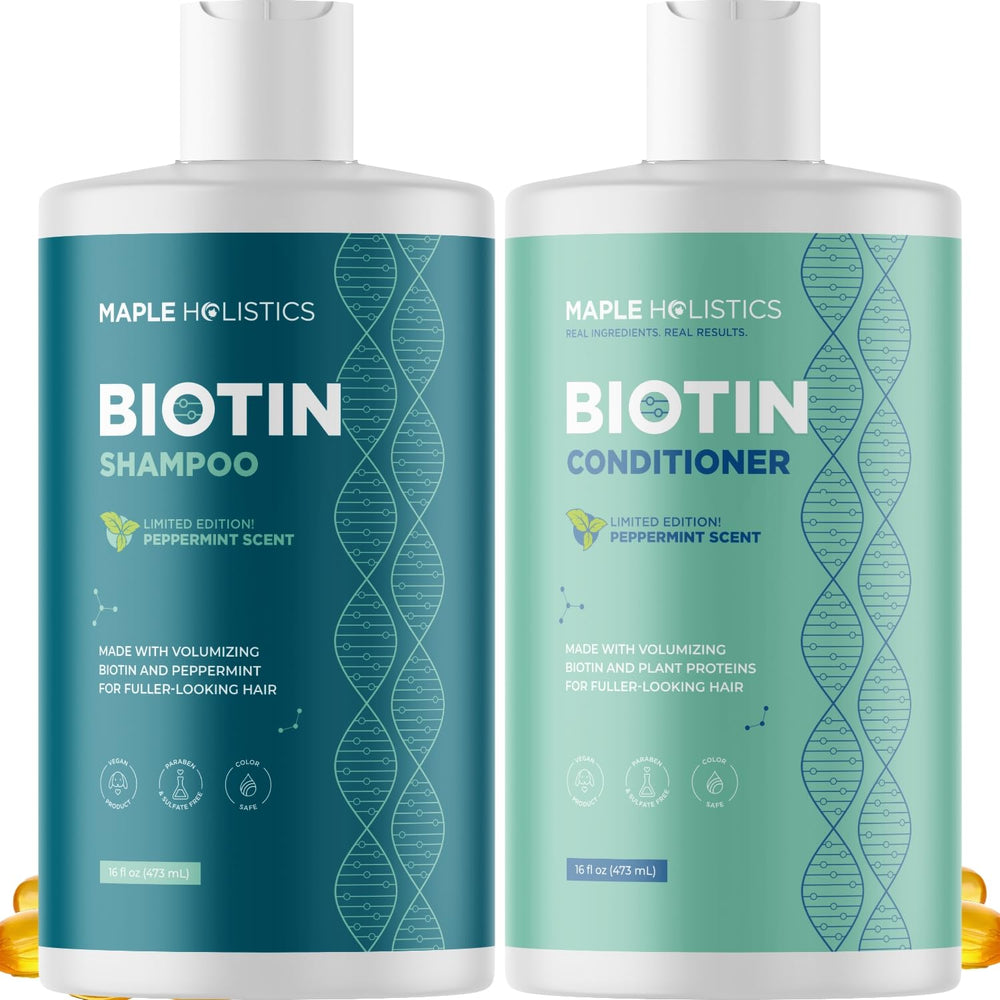 Maple Holistics front packaging showing volumizing shampoo and conditioner benefits