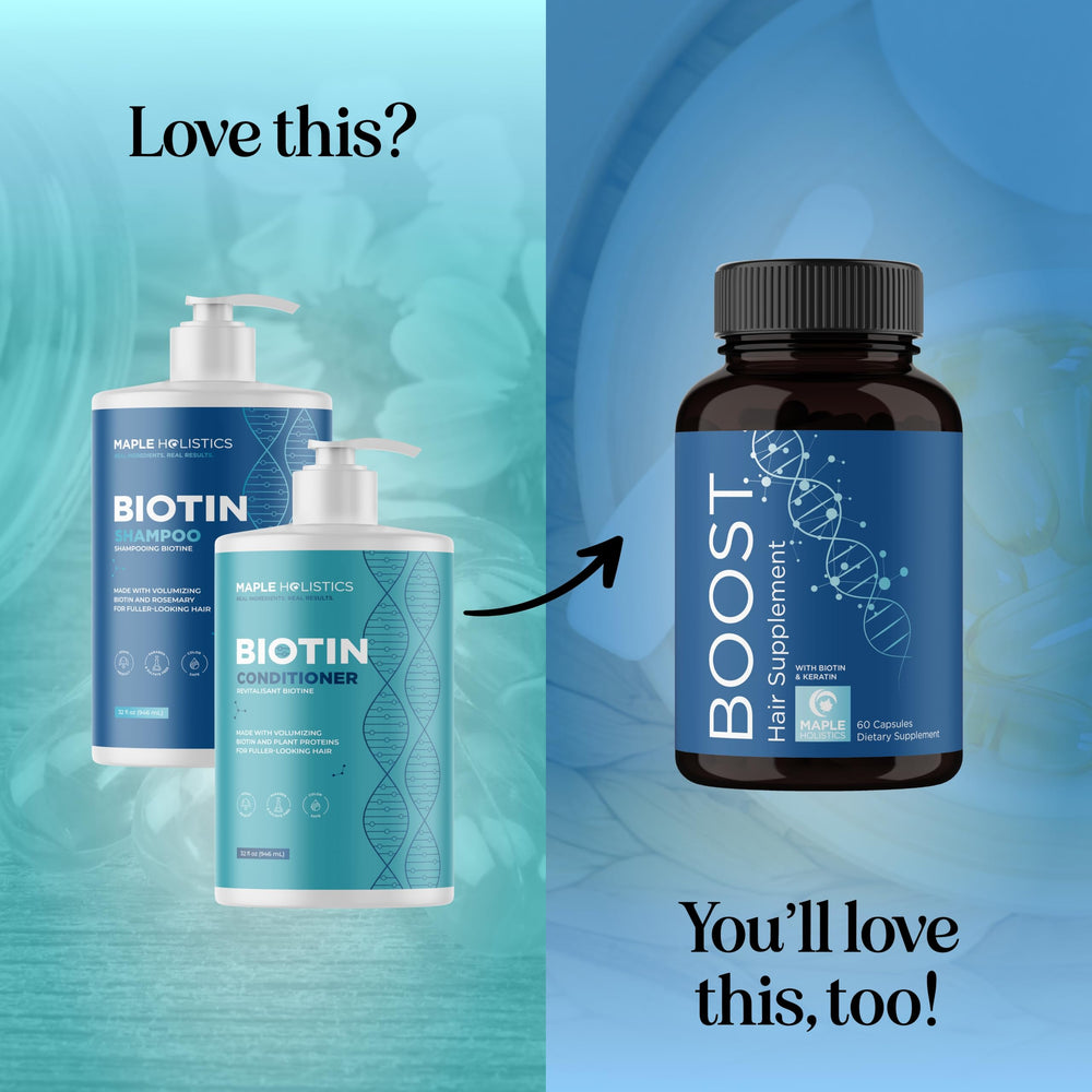 Maple Holistics bottles placed in bathroom styling scene for daily routine appeal
