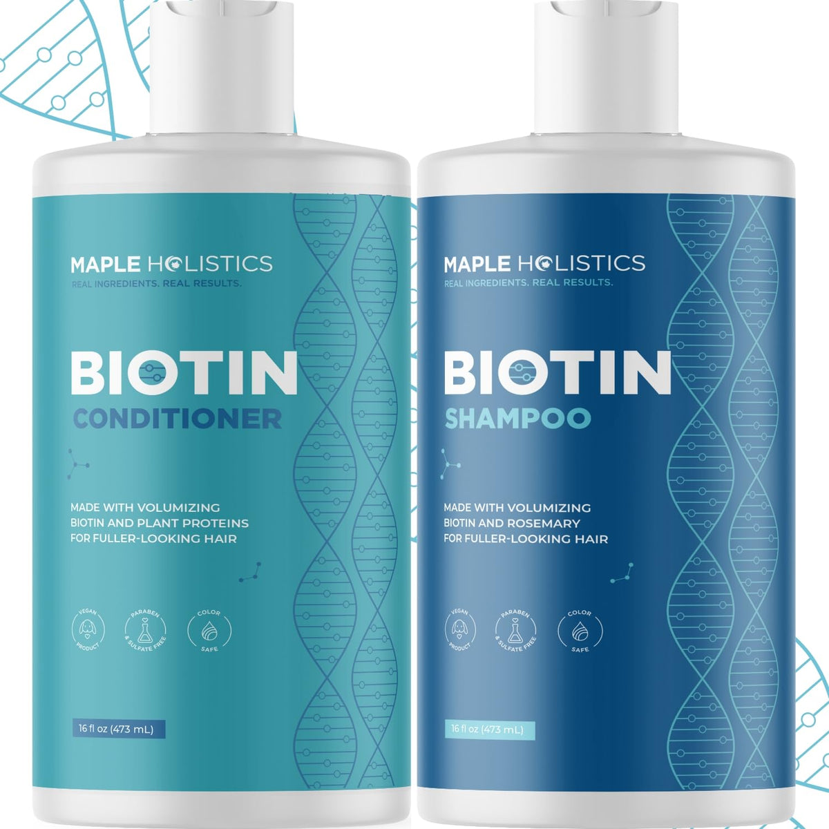 Maple Holistics front bottles showing rosemary biotin set and volumizing benefit
