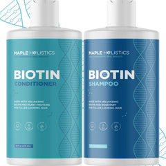 Maple Holistics front bottles showing rosemary biotin set and volumizing benefit
