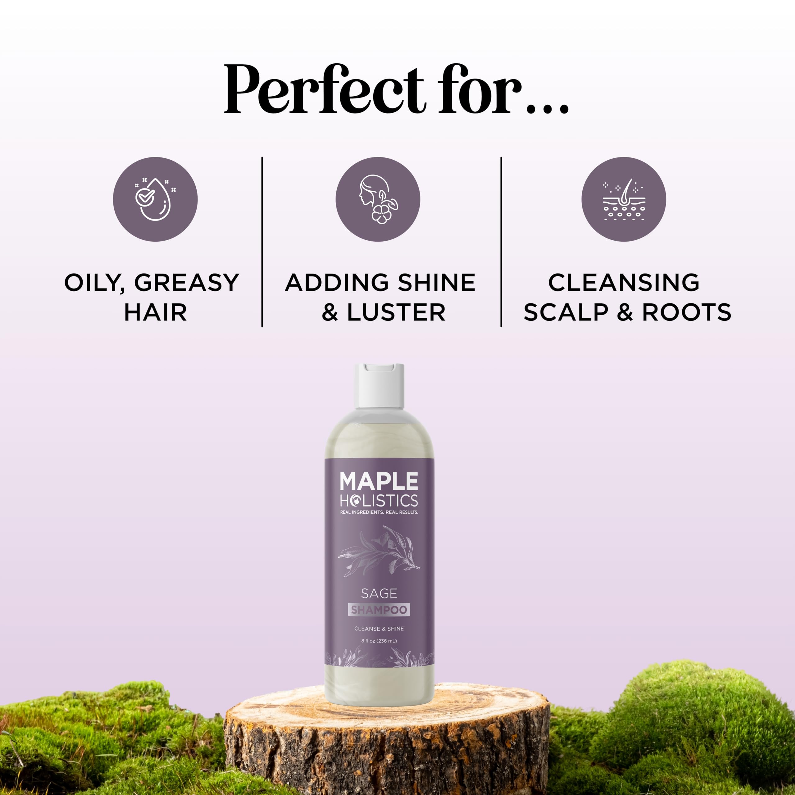 Maple Holistics shampoo poured to show silky texture and gentle cleanse