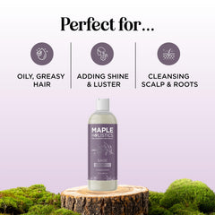 Maple Holistics shampoo poured to show silky texture and gentle cleanse