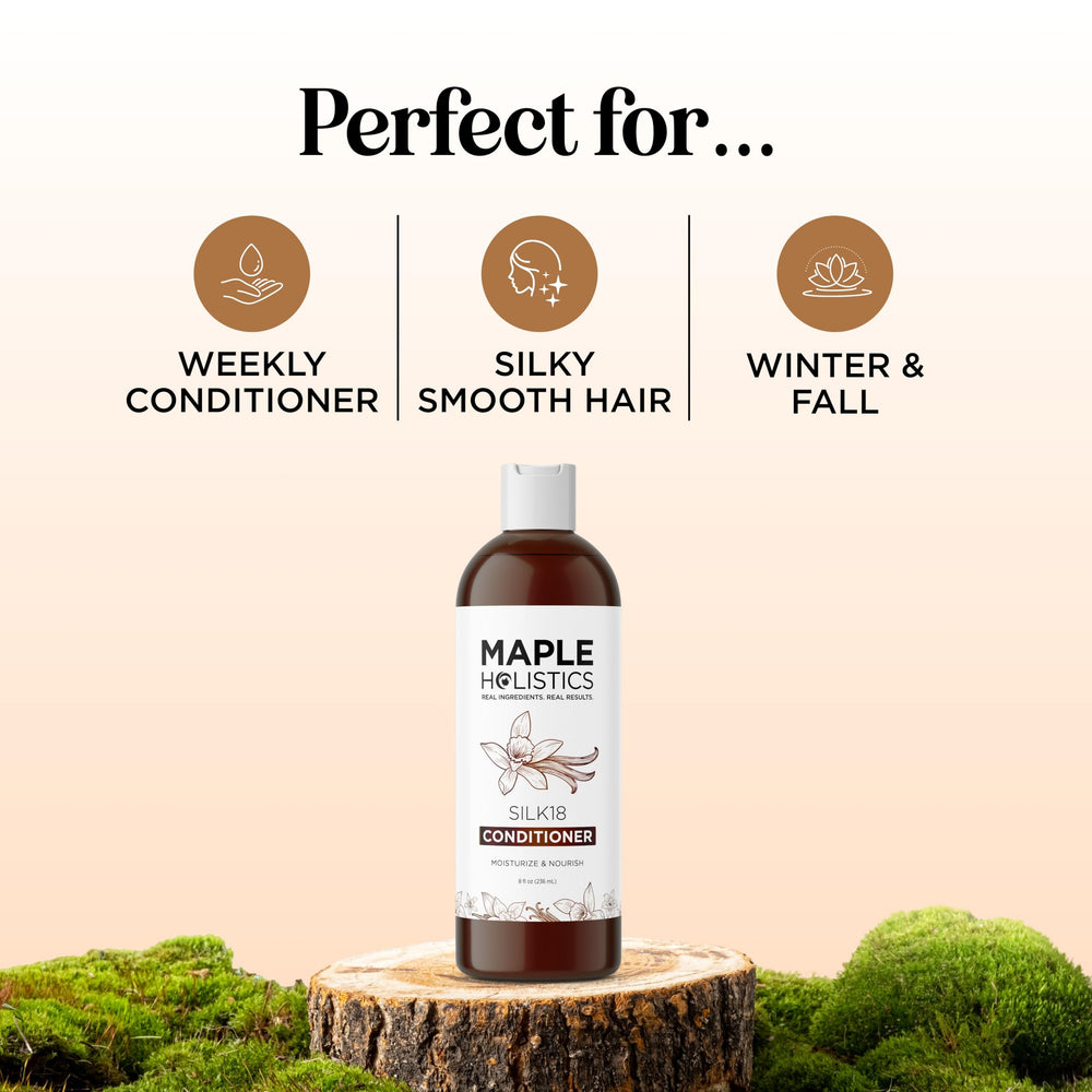 Maple Holistics label close-up highlighting silk protein and natural oils benefits