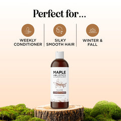 Maple Holistics label close-up highlighting silk protein and natural oils benefits