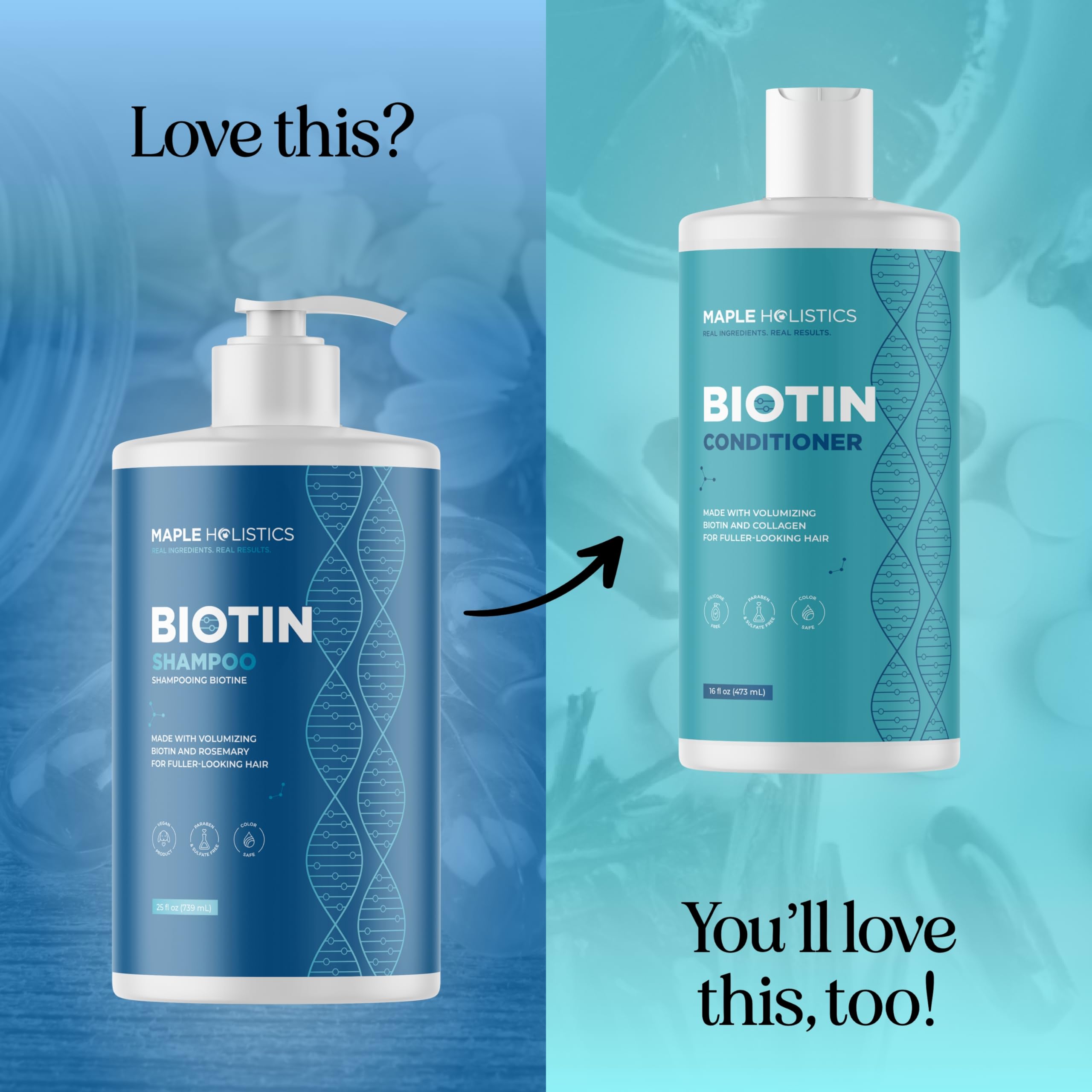 Maple Holistics 25 fl oz bottle next to a common water glass for scale