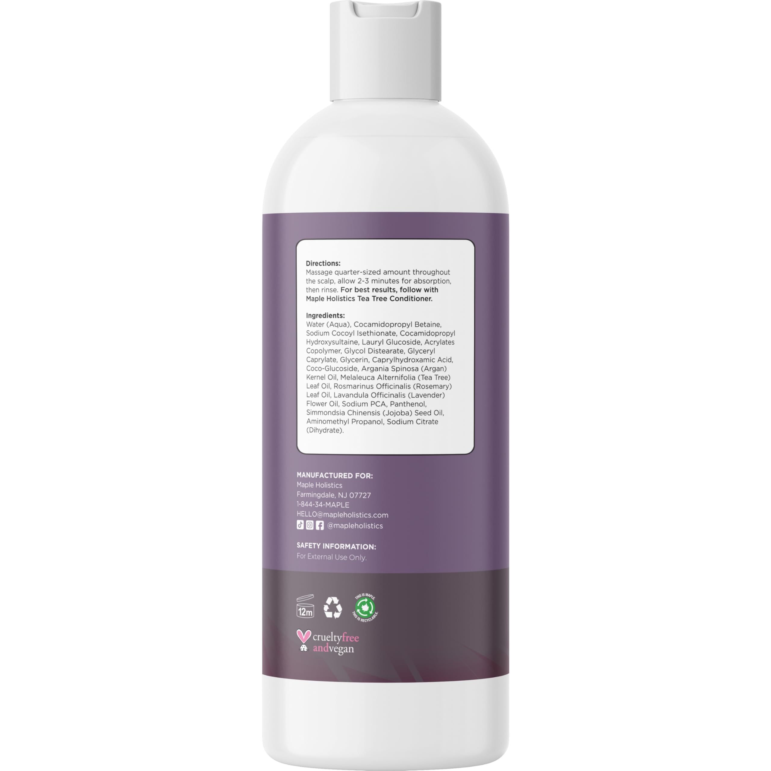 Maple Holistics bottle beside tea tree leaves showing natural oils