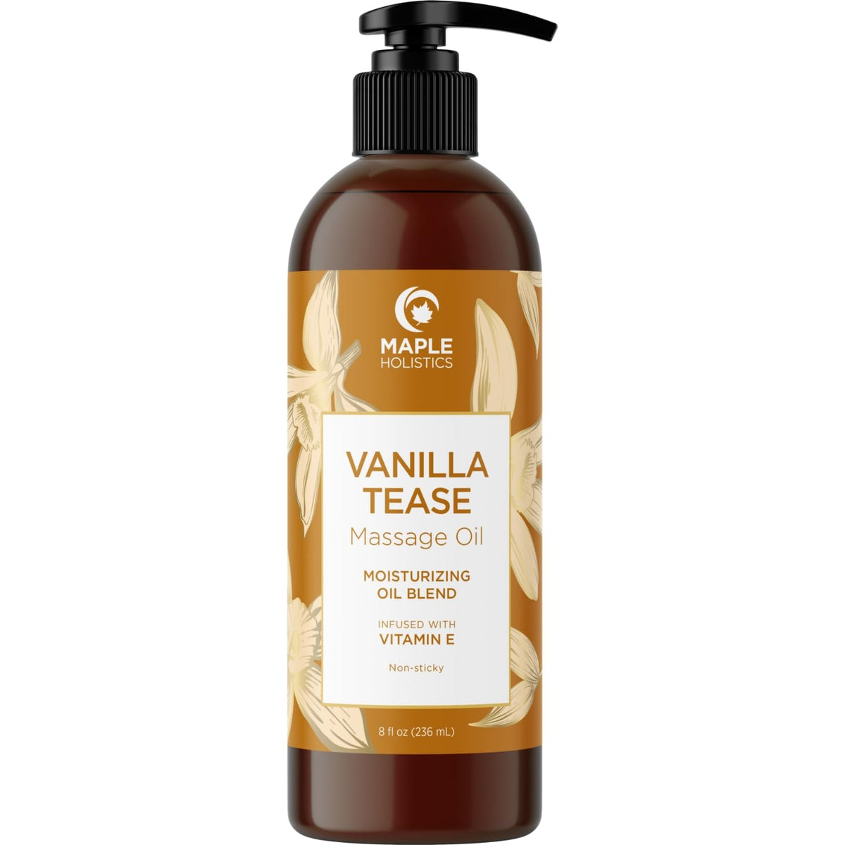 Maple Holistics front bottle showing vanilla massage oil and gifting appeal