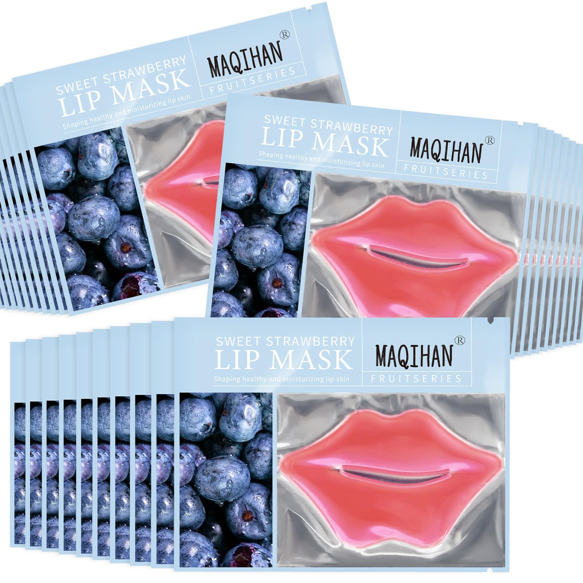 MAQIHAN front packaging showing 30 blueberry lip masks and benefits