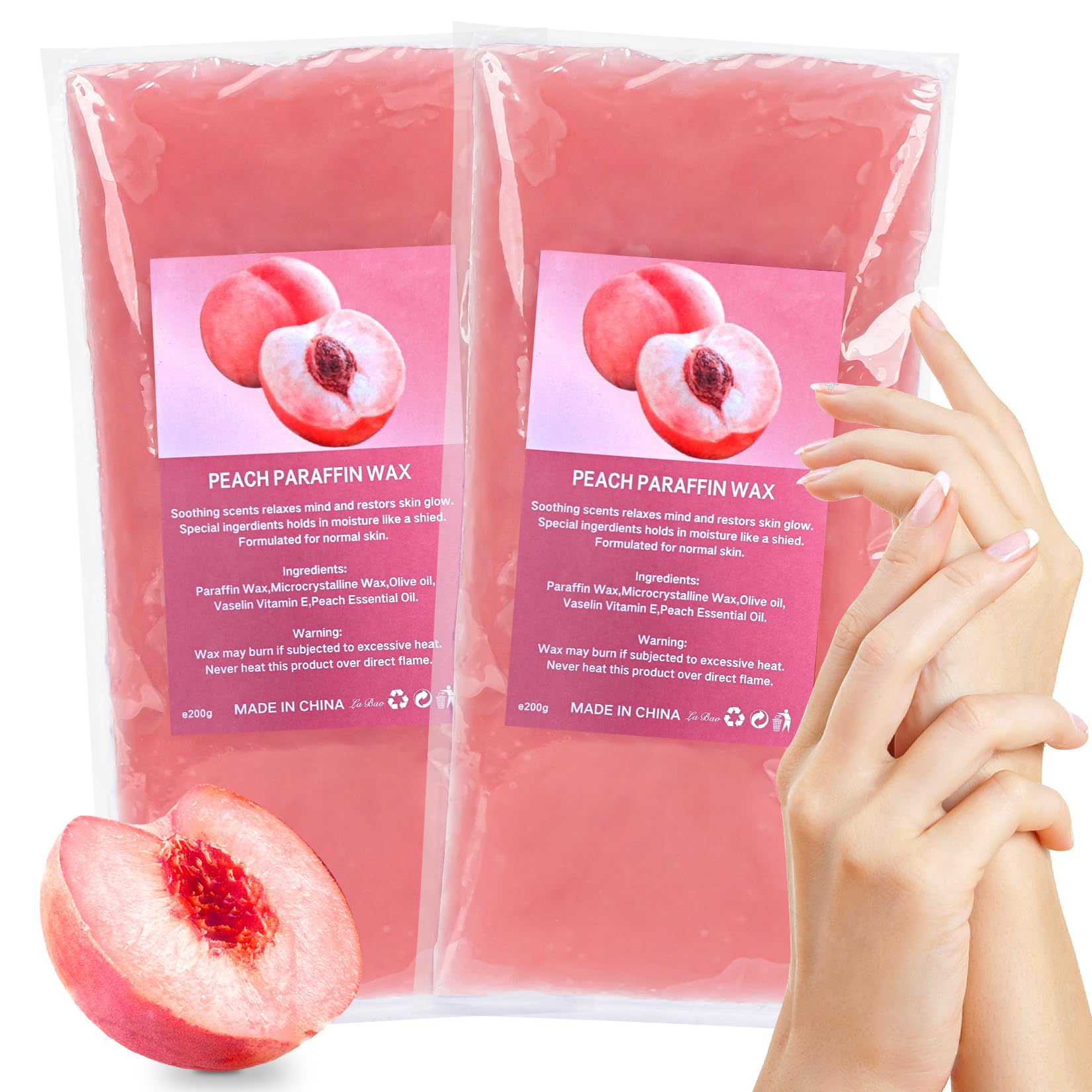 MAQIHAN packaging showing two peach paraffin wax refill blocks and benefits