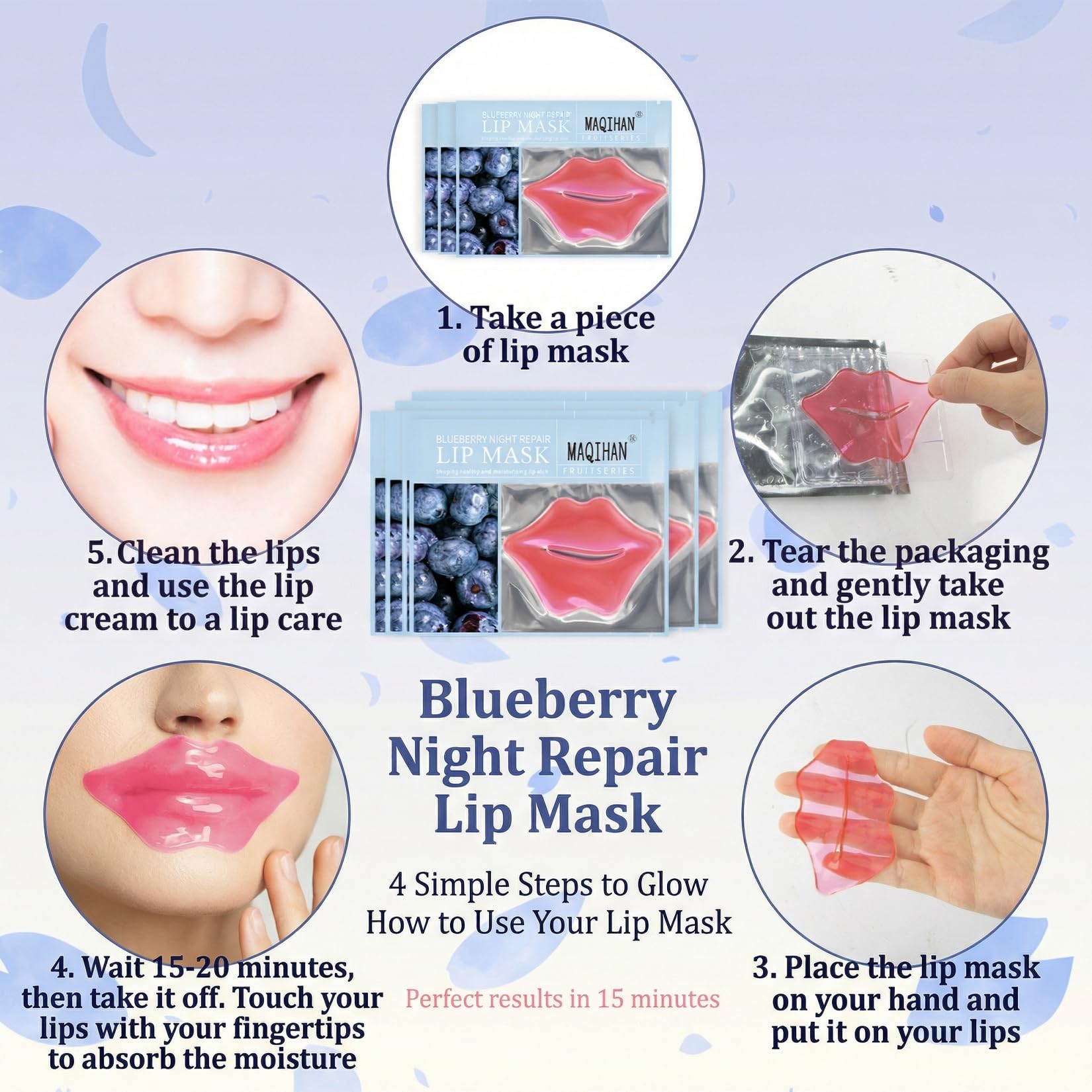 MAQIHAN patch applied on lips showing instant smoothing benefit