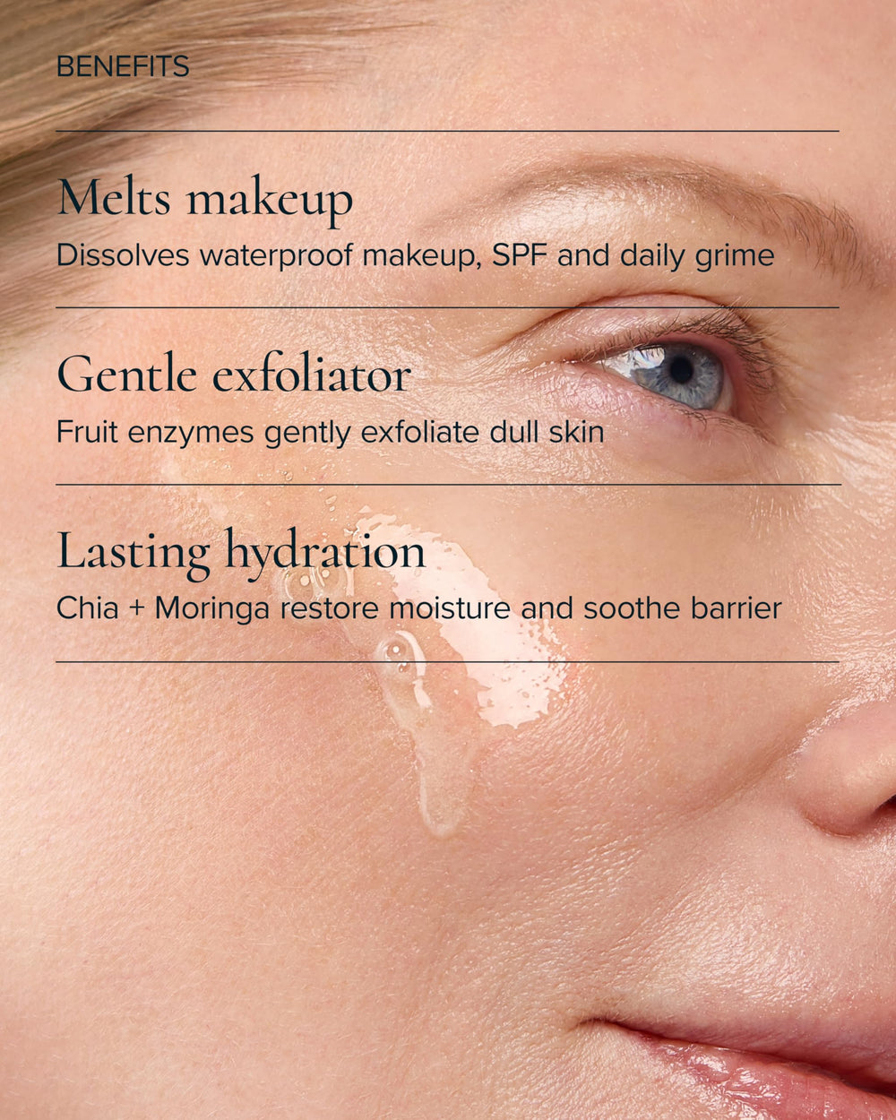 MARA texture close-up drop showing lightweight oil that melts makeup on contact