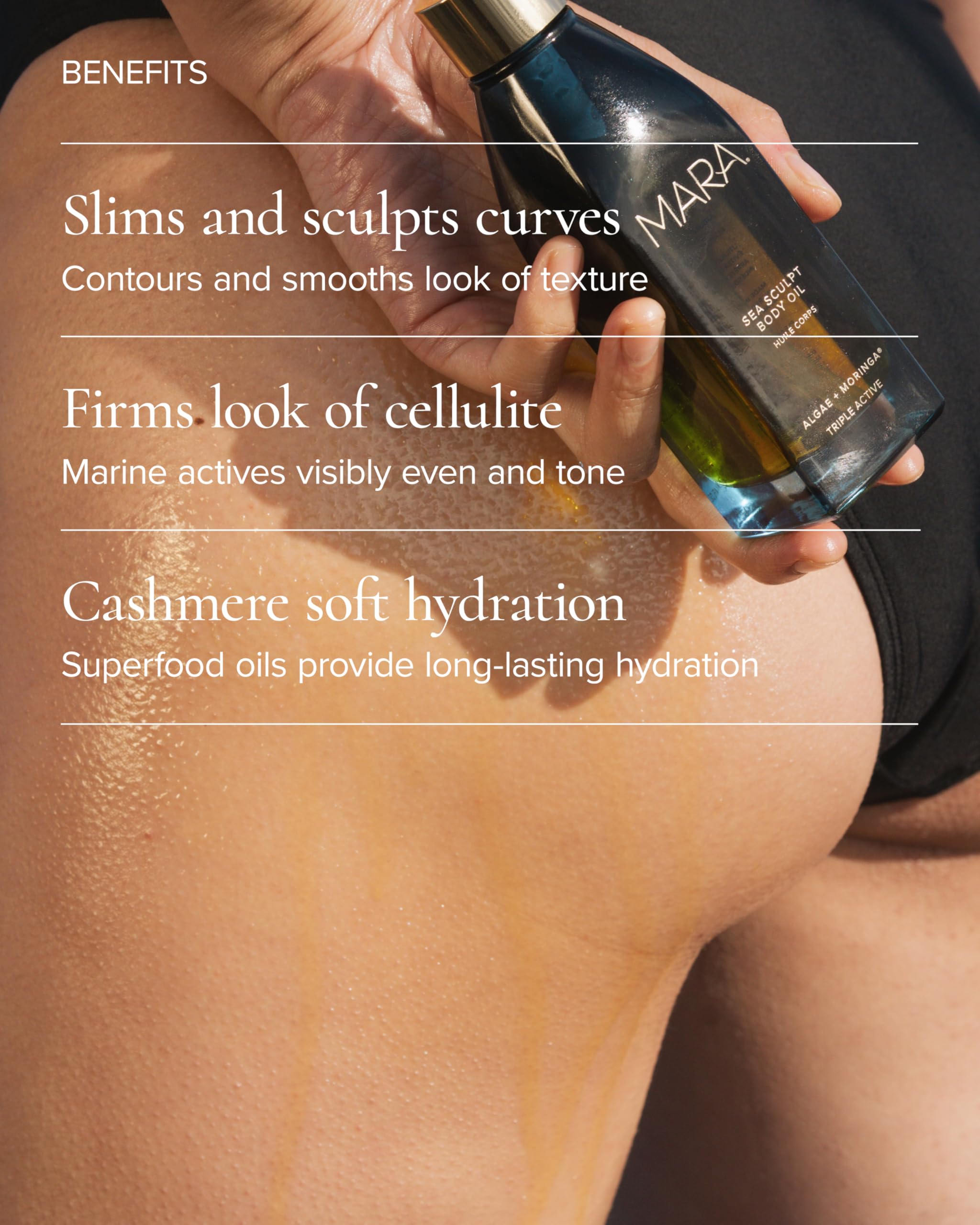 MARA oil texture drop highlighting lightweight, fast-absorbing finish