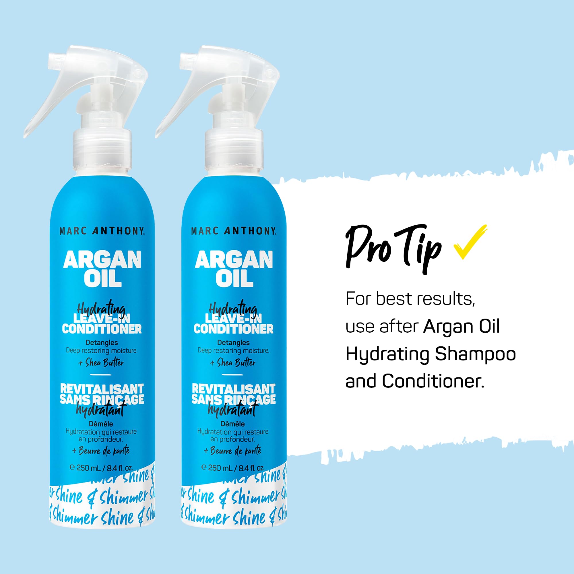 Marc Anthony argan leave-in bottle on shower rack in a bathroom setting suggesting daily routine use