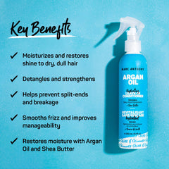 Marc Anthony argan leave-in fine spray mist being dispensed, illustrating even lightweight coverage