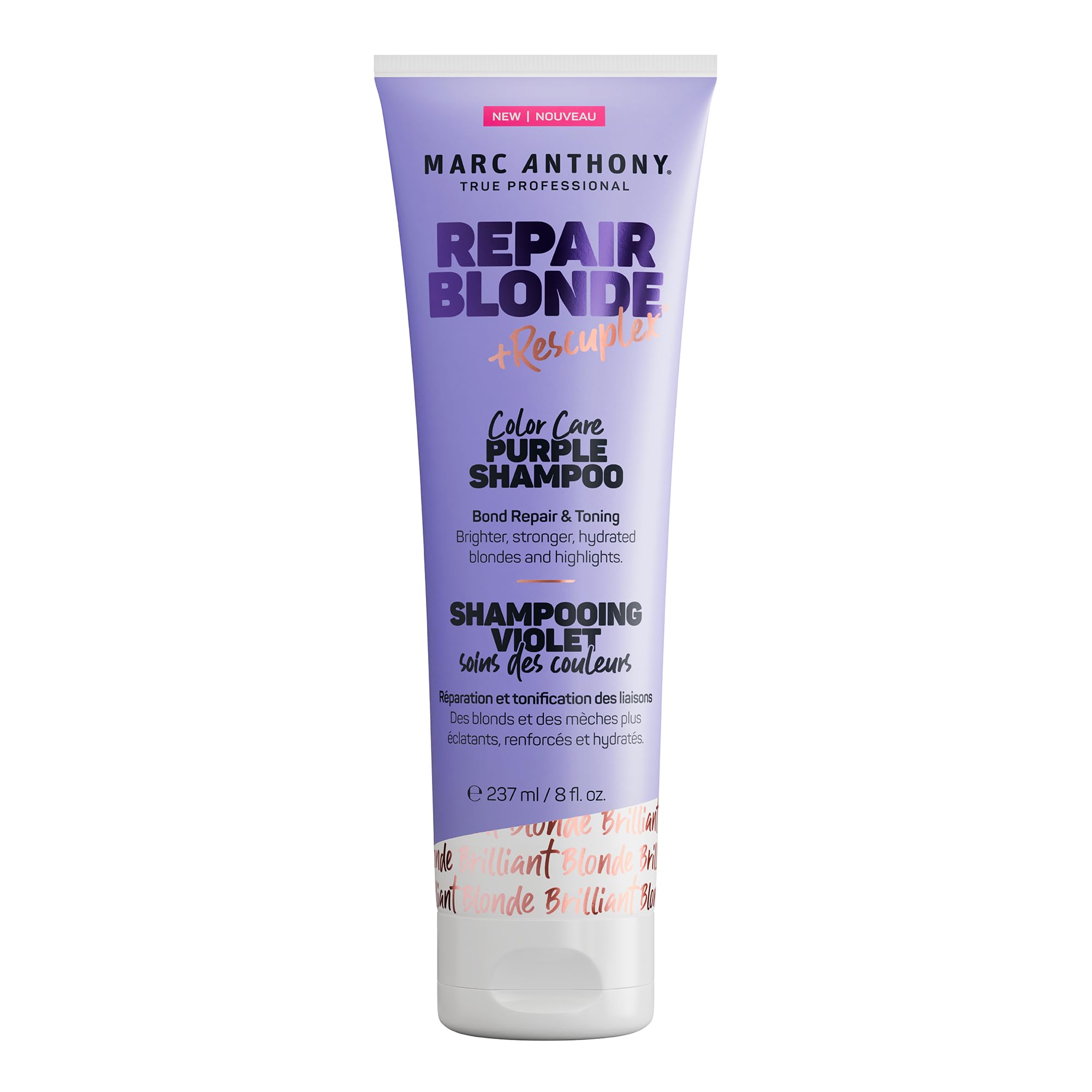Marc Anthony front bottle showing Repair Blonde purple shampoo and benefit of brass neutralizing