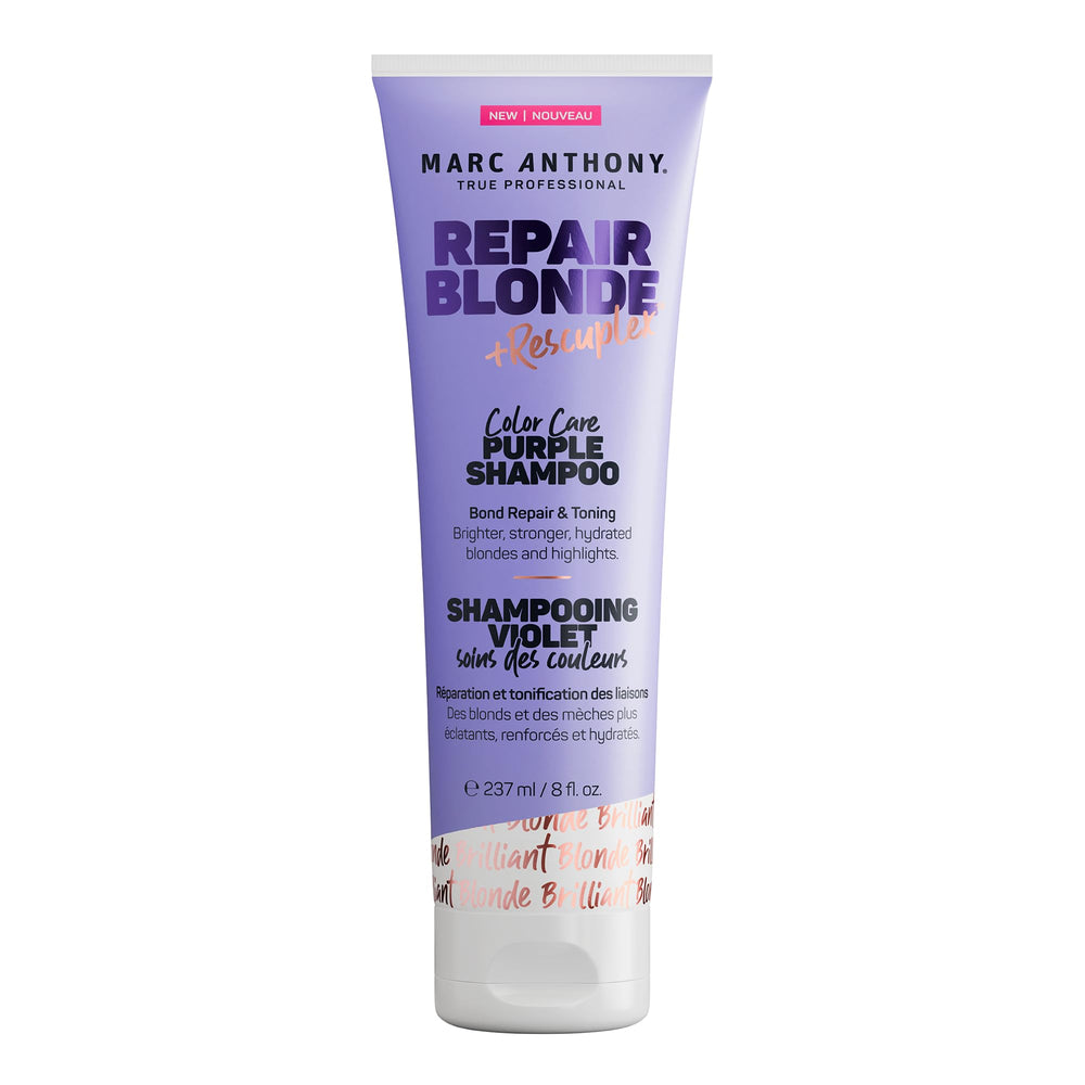 Marc Anthony front bottle showing Repair Blonde purple shampoo and benefit of brass neutralizing