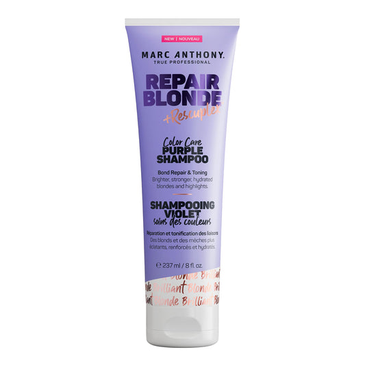 Marc Anthony front bottle showing Repair Blonde purple shampoo and benefit of brass neutralizing
