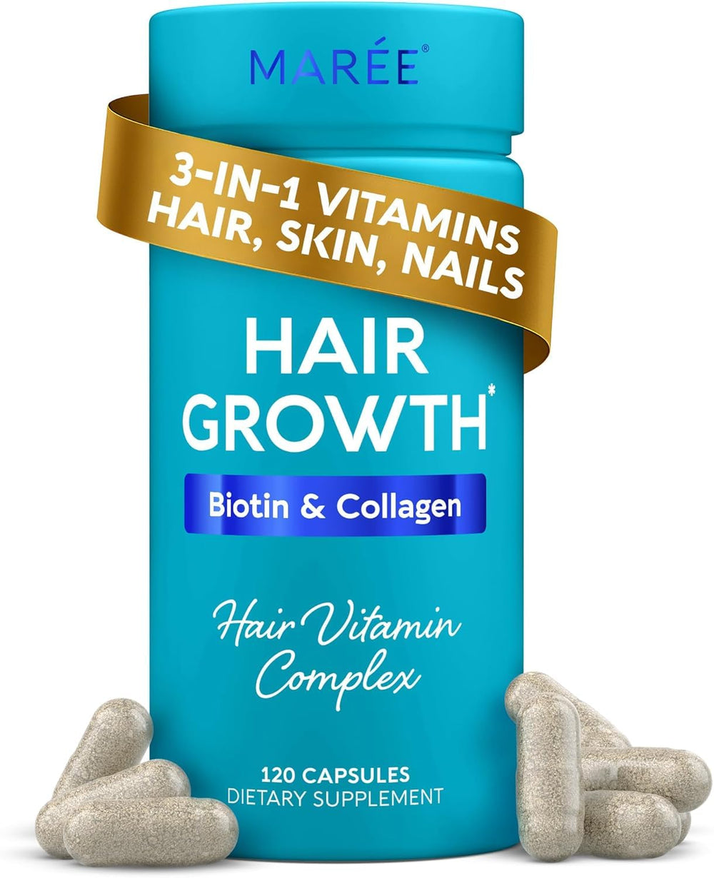 MAREE front packaging showing bottle and 120 pills for visible hair benefits