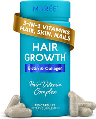 MAREE front packaging showing bottle and 120 pills for visible hair benefits
