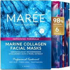 MAREE front packaging showing six colorful hydrating sheet masks for convenience