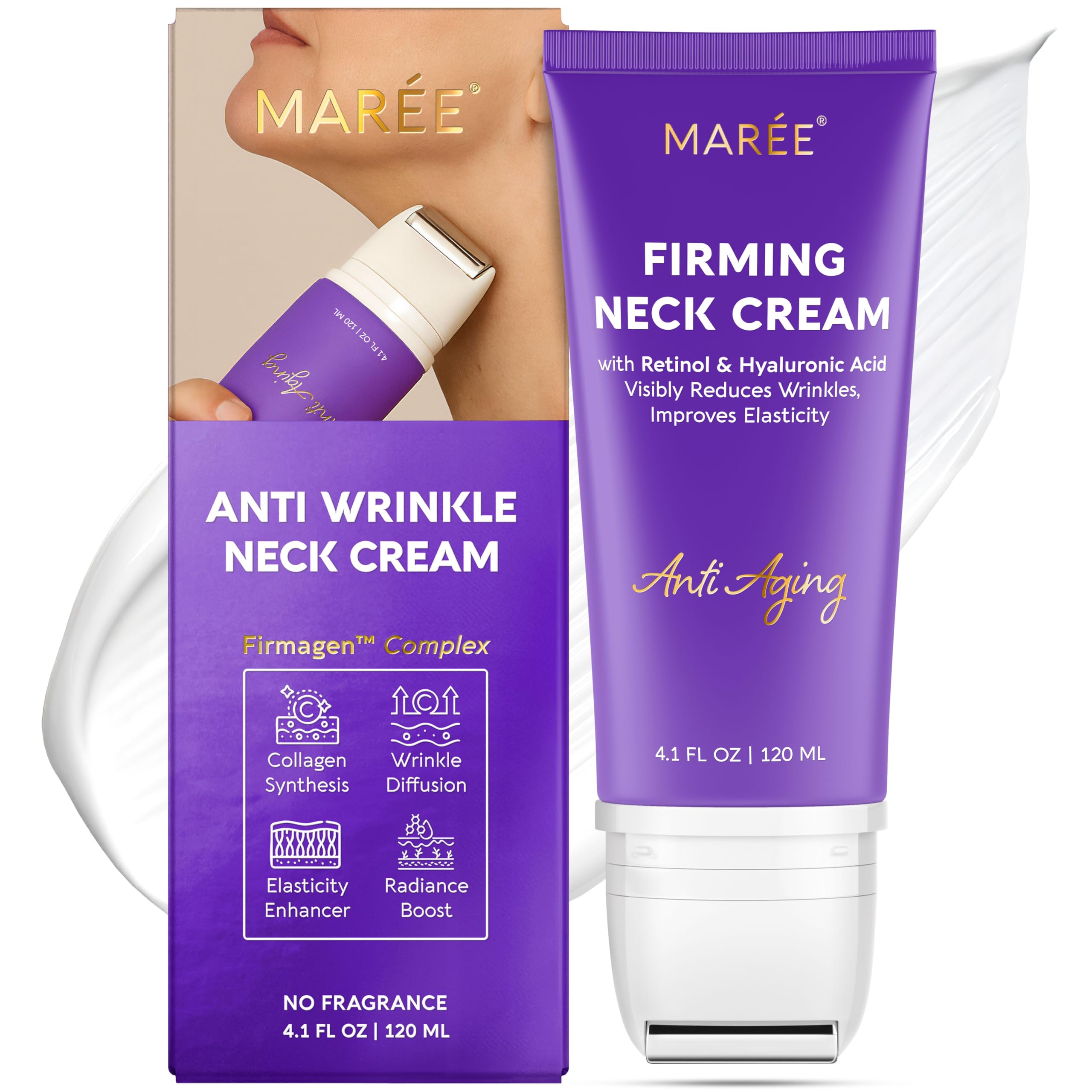MAREE front packaging showing neck cream and roller benefit hydration