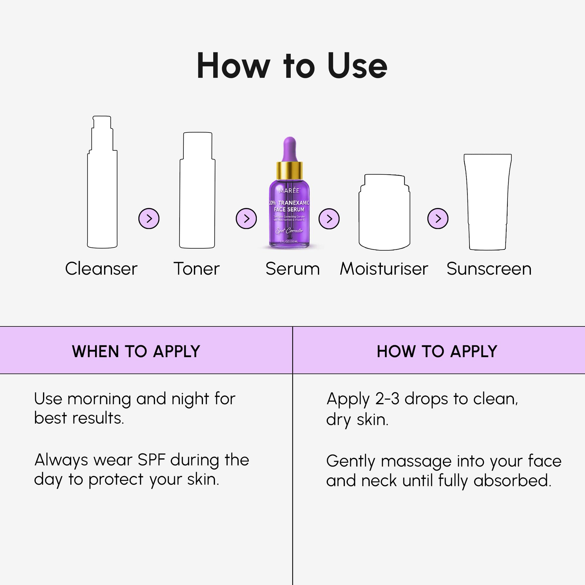 MAREE serum on bathroom shelf in lifestyle scene promoting daily use
