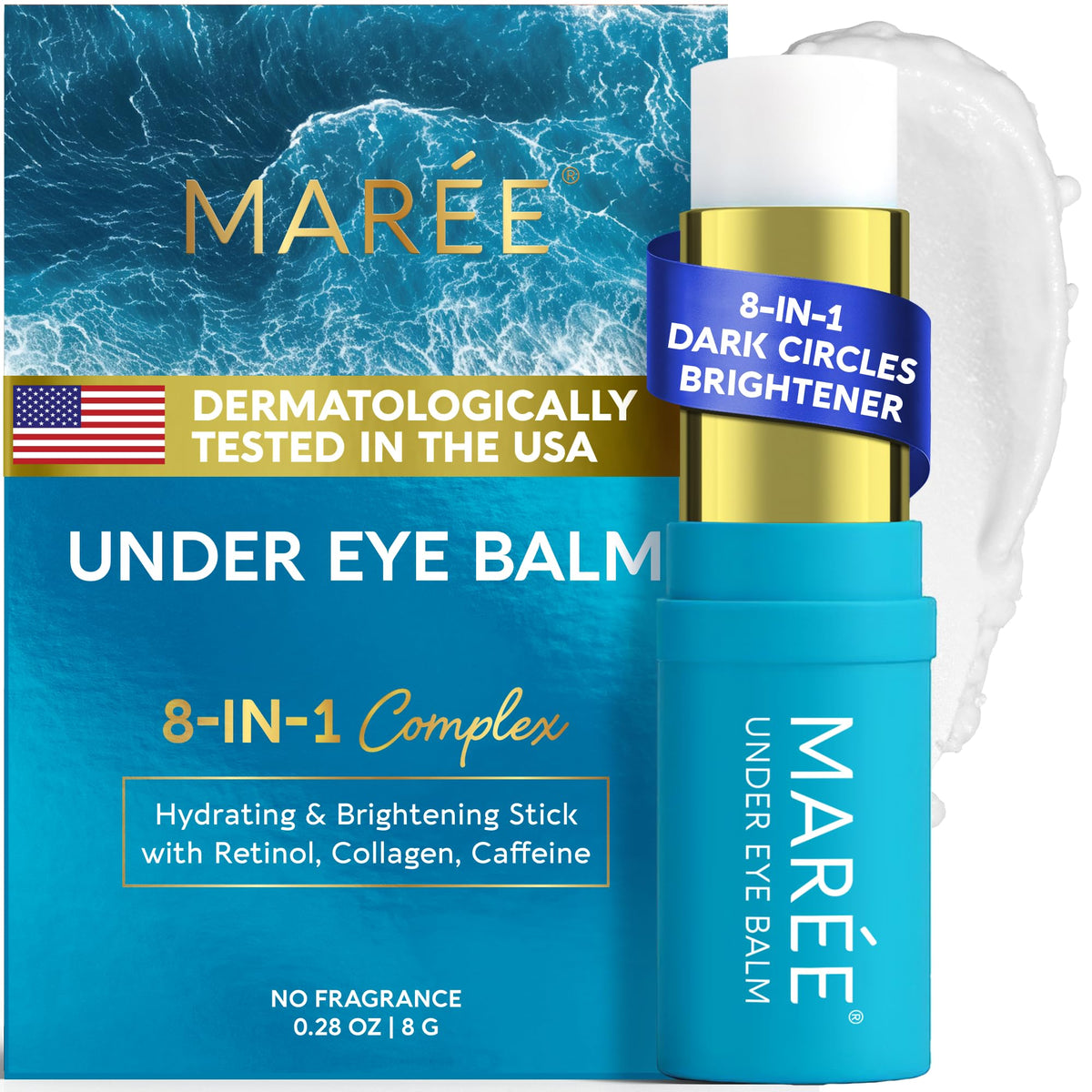 MAREE front packaging shows compact eye balm stick for easy travel and quick refresh