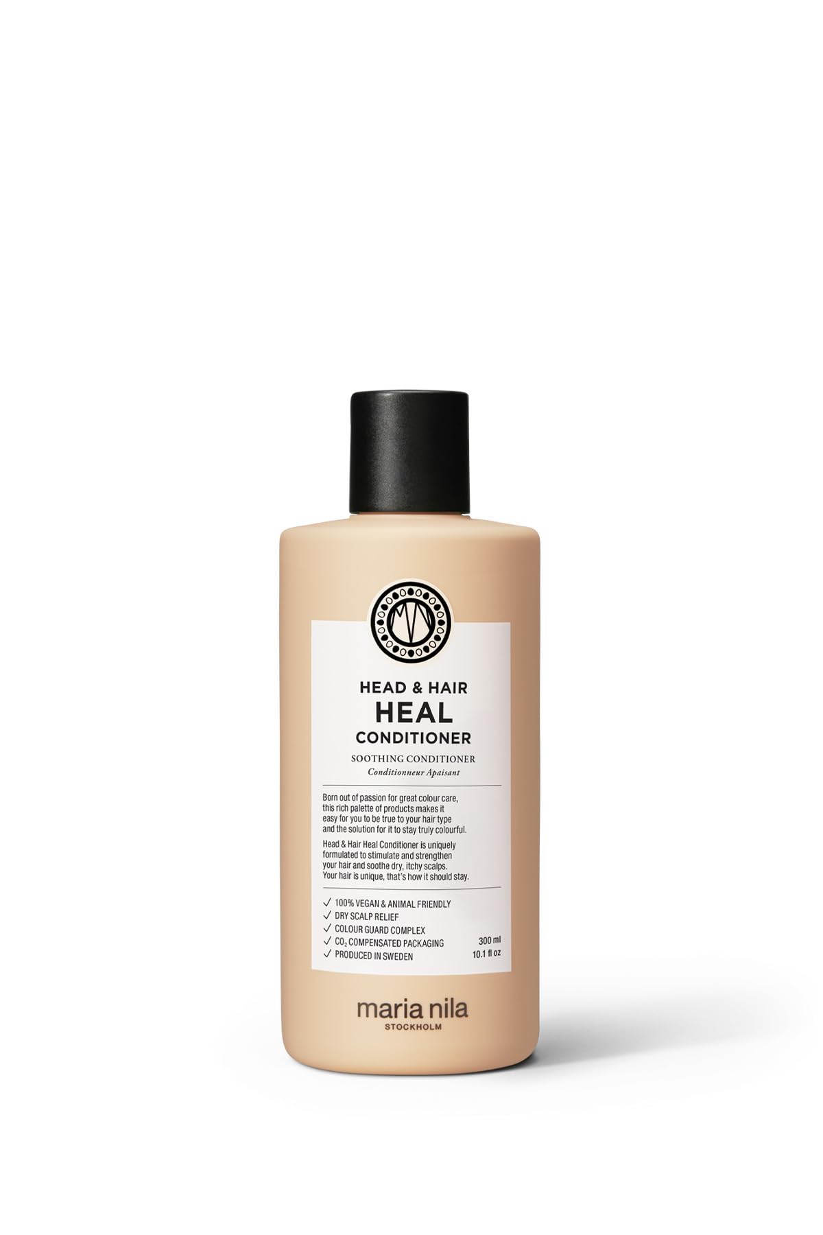 Maria Nila bottle front showing calming formula and brand benefits