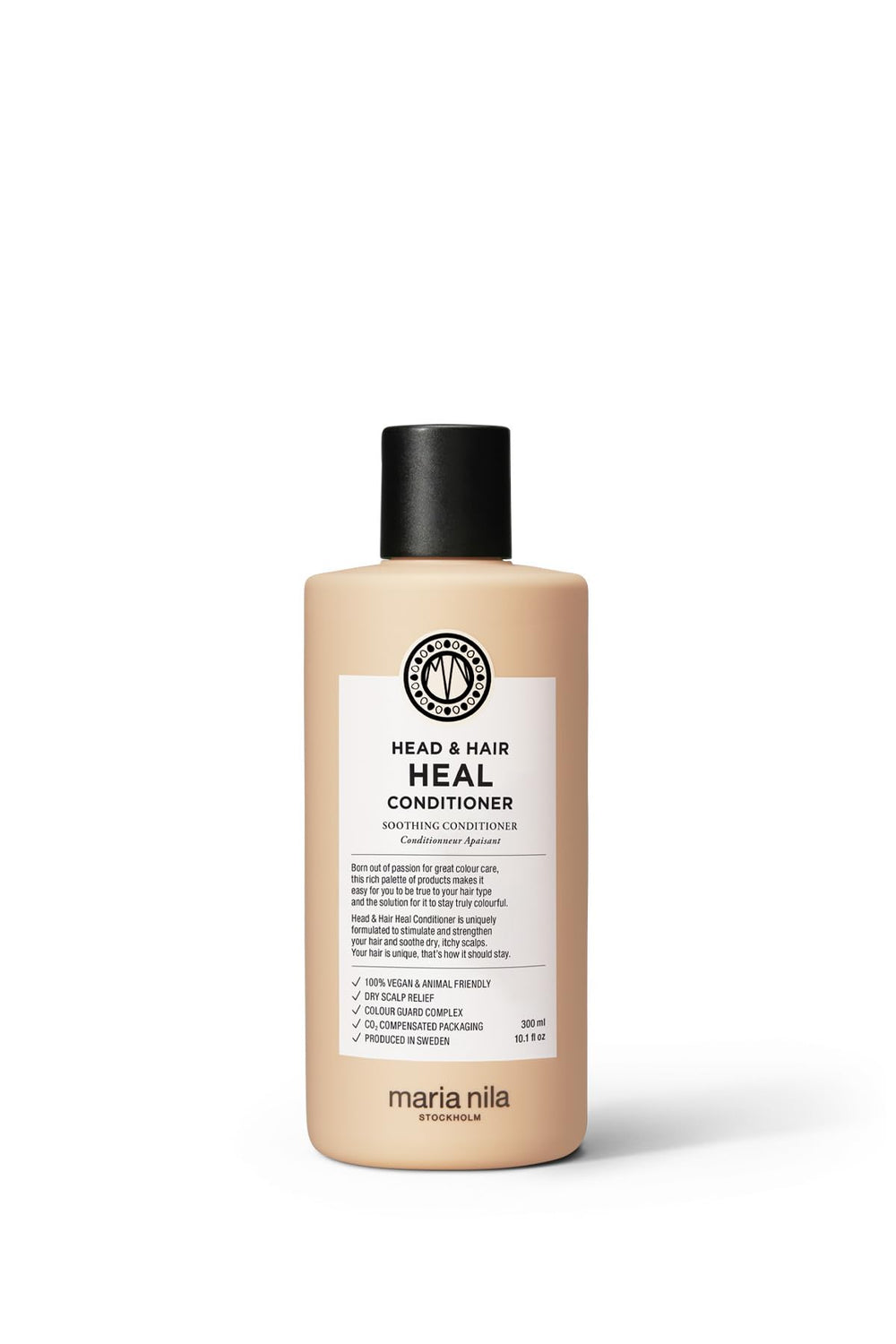Maria Nila bottle front showing calming formula and brand benefits