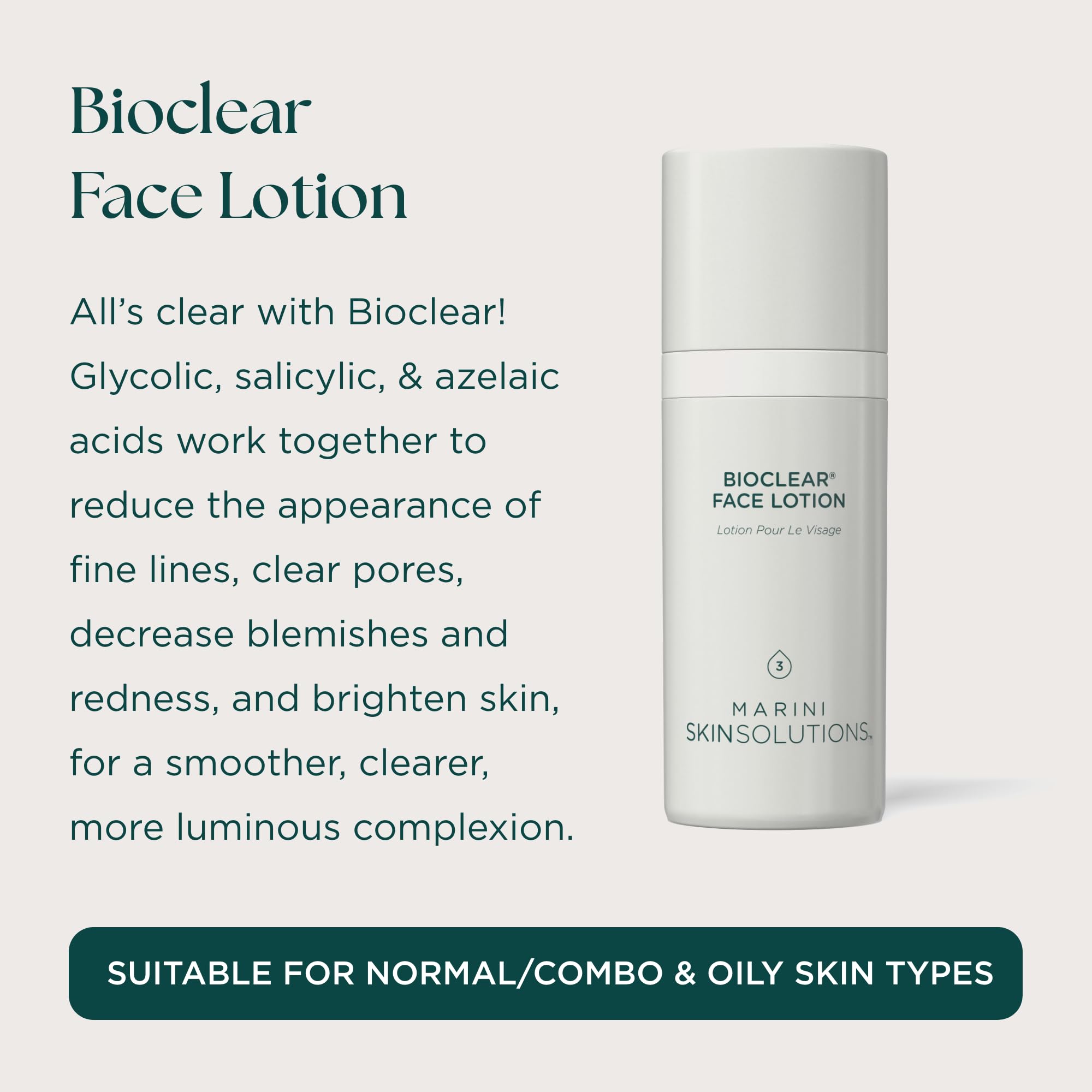 Marini SkinSolutions Bioclear lotion texture close-up highlighting smooth spreadability