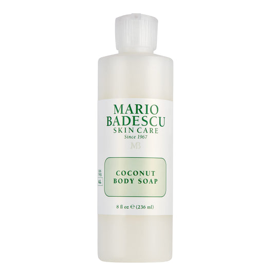Mario Badescu front packaging of coconut body soap shows bottle and benefits